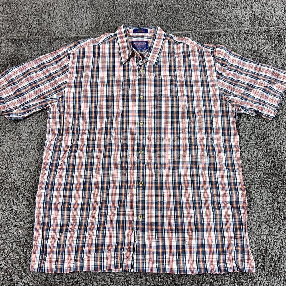 Pendleton Shirt Mens Medium Plaid Red Blue Orange Short Sleeve Button Up